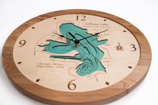17" Wooden High Relief Custom Wall Clock featuring Galway Lake NY