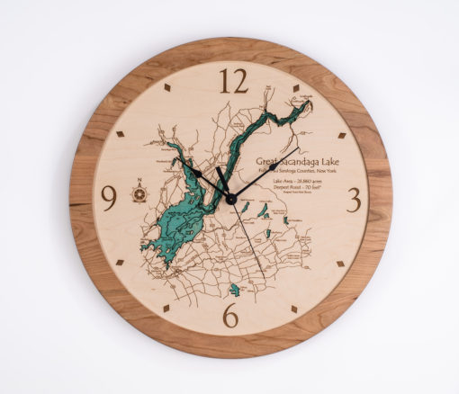 Laser cut wooden clock of Great Sacandaga Lake in New York